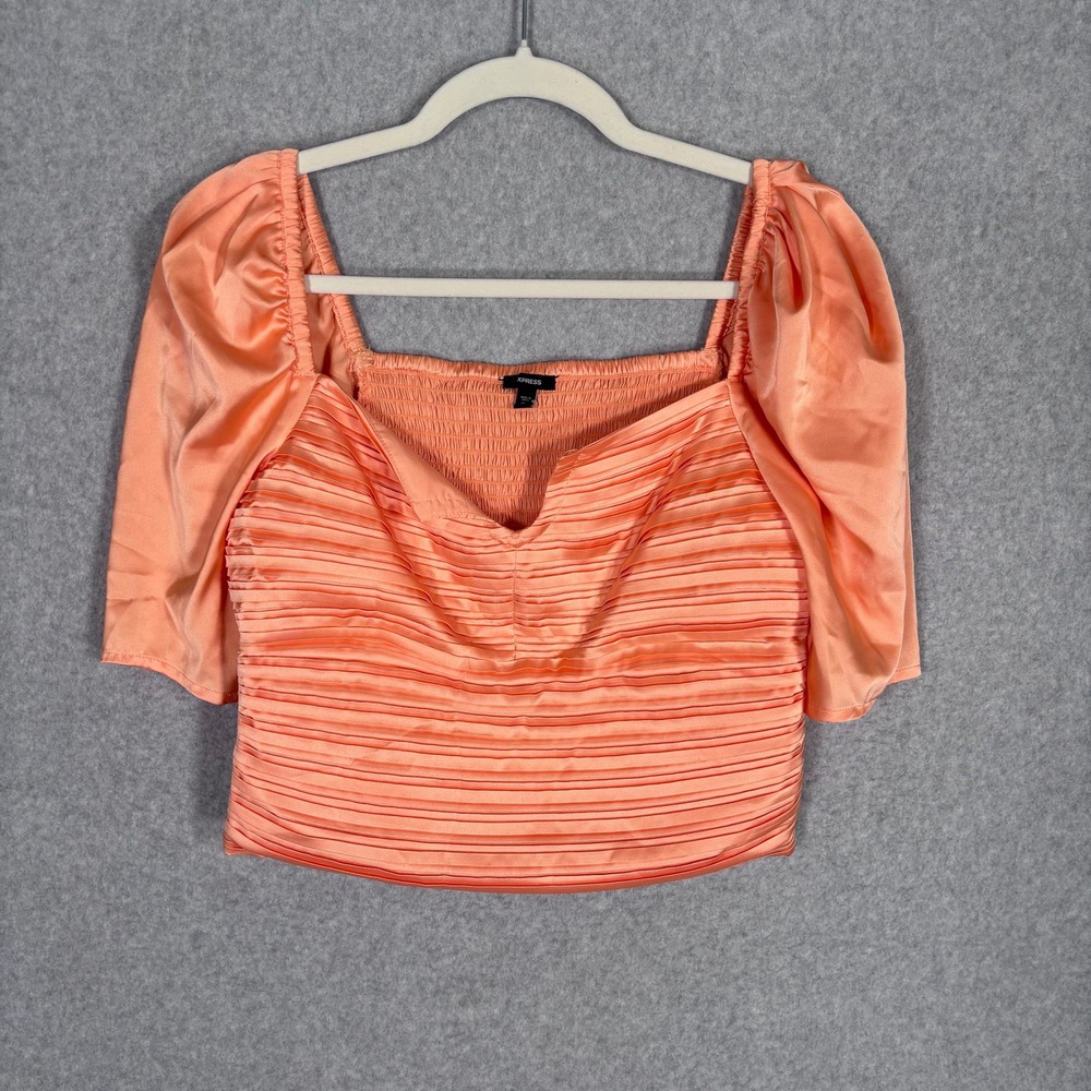Express Satin Textured Milkmaid Top Medium Orange Pleated Smocked Puff Cottage